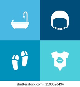 Modern, simple vector icon set on colorful background with cute, kid, clothes, fashion, footwear, cotton, bath, slipper, room, clothing, sign, helmet, toilet, safety, child, boy, engineer, blue icons