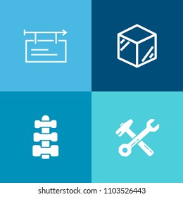 Modern, simple vector icon set on colorful background with spanner, repair, box, blank, equipment, wrench, template, toolbox, dumbbell, tool, paper, hammer, sign, product, frame, advertisement icons