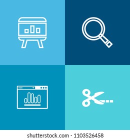 Modern, simple vector icon set on colorful background with abstract, step, tailor, zoom, glass, object, banner, concept, analytics, infographic, layout, button, template, tool, silhouette, cut icons