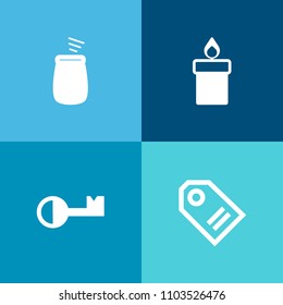 Modern, simple vector icon set on colorful background with house, heat, sign, home, price, drum, sound, discount, promotion, piano, lock, concert, door, tag, candlelight, offer, wax, retail, key icons