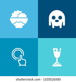Modern, simple vector icon set on colorful background with cereal, ingredient, win, futuristic, push, hand, natural, white, click, healthy, competition, champion, spaceship, seed, victory, grain icons