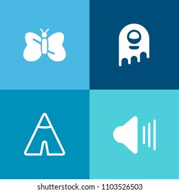 Modern, simple vector icon set on colorful background with humanoid, music, extraterrestrial, summer, up, blue, space, adventure, button, fantasy, white, sign, audio, beauty, ufo, butterfly, fly icons