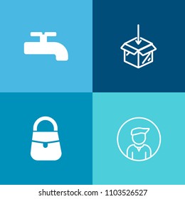 Modern, simple vector icon set on colorful background with sign, purse, people, fashion, package, internet, men, water, toilet, builder, boy, business, brush, arrow, guy, supply, white, man, bag icons