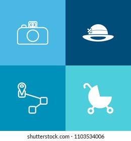 Modern, simple vector icon set on colorful background with marker, parent, digital, infant, head, black, map, sign, carriage, photography, web, technology, photo, buggy, button, camera, wheel icons