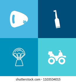 Modern, simple vector icon set on colorful background with care, flying, music, instrument, song, brush, cloud, string, outdoor, sound, hot, transportation, rock, toothpaste, riding, hygiene icons