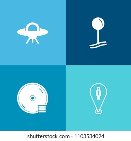 Modern, simple vector icon set on colorful background with cd, graphic, navigation, alien, digital, place, ufo, music, disk, art, spaceship, mark, street, pin, marker, record, spacecraft, sign icons
