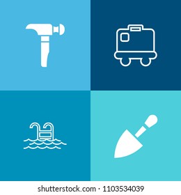 Modern, simple vector icon set on colorful background with work, blue, relaxation, hotel, building, transportation, construction, terminal, baggage, saw, arrival, brush, equipment, sign, luggage icons