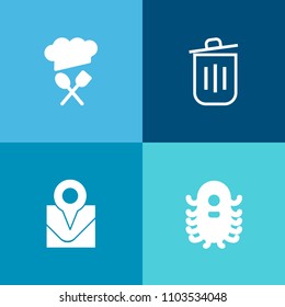 Modern, simple vector icon set on colorful background with waste, silhouette, hat, futuristic, creature, place, can, science, humanoid, fantasy, character, rubbish, garbage, chief, basket, bin icons
