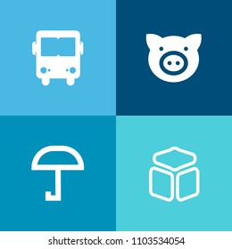 Modern, simple vector icon set on colorful background with piggy, livestock, nature, car, passenger, piglet, cube, pork, transport, mammal, school, rain, trip, sign, pig, object, hog, weather icons