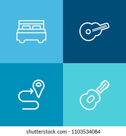 Modern, simple vector icon set on colorful background with hotel, modern, luxury, electric, apartment, road, marker, bed, white, song, music, route, map, jazz, guitar, gps, furniture, home, lamp icons