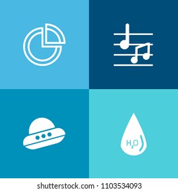 Modern, simple vector icon set on colorful background with music, spaceship, flying, musical, water, melody, clef, fiction, presentation, ufo, ship, technology, sound, sign, graph, key, light icons