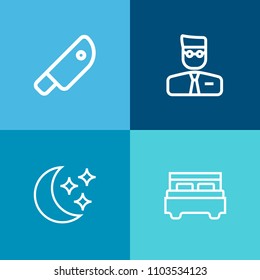 Modern, simple vector icon set on colorful background with hatchet, steel, cook, user, sign, knife, moon, tool, white, moonlight, night, room, blade, cut, star, furniture, meat, comfortable, axe icons