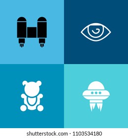 Modern, simple vector icon set on colorful background with blue, ship, shuttle, saucer, cute, sky, spaceship, toy, body, part, hand, small, light, fluffy, craft, fun, foot, childhood, alien, eye icons