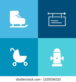 Modern, simple vector icon set on colorful background with buggy, healthy, empty, board, rink, perambulator, baby, child, family, advertising, leisure, billboard, fun, carriage, winter, sign, ad icons