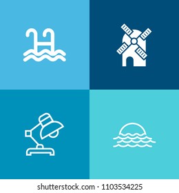 Modern, simple vector icon set on colorful background with pool, white, alternative, blue, morning, furniture, technology, power, modern, decoration, mill, windmill, home, landscape, outdoor icons