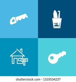 Modern, simple vector icon set on colorful background with concept, business, sale, cut, property, carpentry, buy, health, house, circular, estate, security, clean, apartment, door, medicine icons
