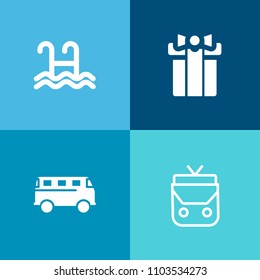Modern, simple vector icon set on colorful background with bus, present, traffic, pool, modern, sign, anniversary, gift, sport, road, christmas, street, object, decoration, love, white, handbag icons