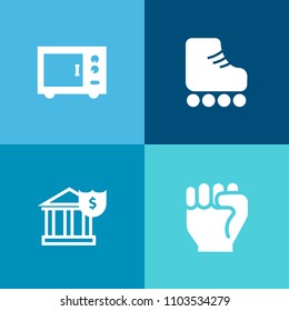 Modern, simple vector icon set on colorful background with equipment, arm, machine, fun, business, people, bank, household, finger, toaster, money, robot, concept, sign, economy, kettle, vintage icons
