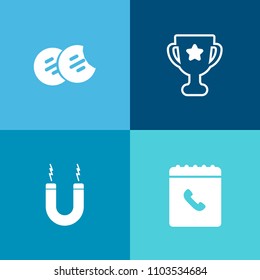 Modern, simple vector icon set on colorful background with best, victory, chocolate, candy, brown, science, sign, place, achievement, information, snack, address, cookie, ribbon, book, champion icons
