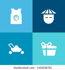 Modern, simple vector icon set on colorful background with wear, ribbon, mower, christmas, basketball, korean, game, team, uniform, chinese, white, equipment, female, box, template, present, cut icons