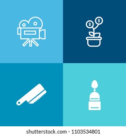 Modern, simple vector icon set on colorful background with tree, success, green, banking, lens, money, muffin, leaf, doughnut, chocolate, tripod, dessert, video, cinema, old, growth, knife, fork icons