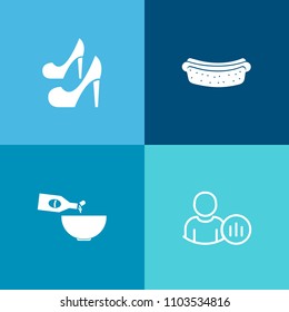 Modern, simple vector icon set on colorful background with fashion, profile, dinner, heel, lunch, sausage, communication, snack, social, status, community, web, wine, elegance, people, leather icons