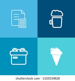 Modern, simple vector icon set on colorful background with pint, currency, decoration, ice, froth, cream, bar, drink, dollar, cash, banking, strawberry, christmas, dessert, alcohol, food, summer icons