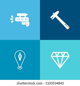 Modern, simple vector icon set on colorful background with brilliant, summer, location, navigation, gun, screwdriver, diamond, metal, play, jewel, precious, gem, gemstone, equipment, water, tool icons