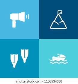 Modern, simple vector icon set on colorful background with loudspeaker, boat, mountain, flipper, object, cargo, speaker, sky, equipment, transportation, vacation, ocean, sea, industry, transport icons