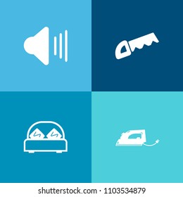 Modern, simple vector icon set on colorful background with button, furniture, speaker, domestic, bedroom, home, audio, loud, music, room, hotel, equipment, bed, modern, blade, interior, laundry icons