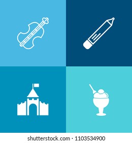 Modern, simple vector icon set on colorful background with chocolate, kingdom, old, violin, fortress, music, object, summer, fort, school, medieval, bass, ice, education, string, classical, pen icons
