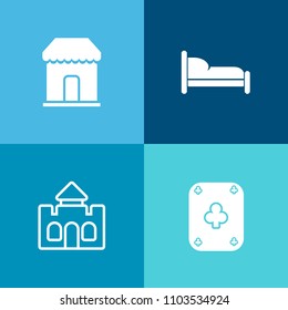 Modern, simple vector icon set on colorful background with discount, kingdom, castle, card, fairytale, bed, gamble, business, building, retail, poker, shop, cart, architecture, medieval, old icons