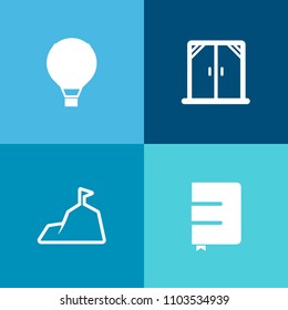 Modern, simple vector icon set on colorful background with light, landing, background, blue, modern, nature, notebook, page, flight, paper, peak, skydive, white, sport, jump, business, chain icons