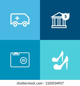 Modern, simple vector icon set on colorful background with sign, urgent, ambulance, rescue, finance, elegance, service, heel, banking, help, file, blank, coin, transportation, object, empty, car icons