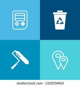 Modern, simple vector icon set on colorful background with arrow, tool, trash, computer, location, wall, container, city, painter, brush, rubbish, clean, place, bin, element, recycling, garbage icons