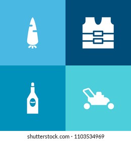 Modern, simple vector icon set on colorful background with object, reflective, fresh, mover, protective, ripe, lawnmower, organic, garden, raw, engine, grass, drink, winery, yellow, healthy, red icons