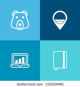 Modern, simple vector icon set on colorful background with graphic, bar, analytics, sign, analysis, nature, book, grizzly, big, note, laptop, business, white, brown, silhouette, object, predator icons