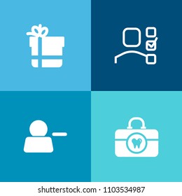 Modern, simple vector icon set on colorful background with toothbrush, holiday, ribbon, brush, package, time, health, plan, notebook, toothpaste, button, xmas, pictogram, surprise, tooth, work icons