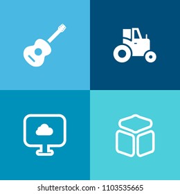 Modern, simple vector icon set on colorful background with water, internet, rock, machine, guitar, concert, equipment, harvest, graphic, technology, square, field, musical, weather, farming, web icons