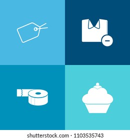 Modern, simple vector icon set on colorful background with laundry, shirt, hygiene, tag, shop, gift, male, clean, chocolate, price, background, t-shirt, sweet, doughnut, sale, roll, discount icons