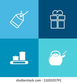 Modern, simple vector icon set on colorful background with bow, transportation, ribbon, sign, paper, briefcase, gift, tea, giftbox, object, travel, present, teapot, bag, xmas, surprise, luggage icons