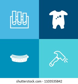 Modern, simple vector icon set on colorful background with newborn, biology, technology, hotdog, shovel, scientific, clothing, fashion, child, cute, medicine, kid, infant, analysis, small, meat icons