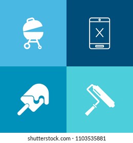 Modern, simple vector icon set on colorful background with subscription, bbq, roller, vanilla, wire, steak, stop, cancel, cut, renovation, television, dessert, meat, connection, white, fire, hot icons
