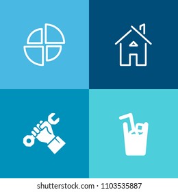 Modern, simple vector icon set on colorful background with industrial, sign, drink, pie, door, estate, housing, work, construction, real, house, building, juice, worker, graph, diagram, glass icons