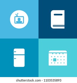 Modern, simple vector icon set on colorful background with library, screen, kitchen, video, office, timetable, text, household, date, plan, equipment, food, entertainment, day, technology, media icons