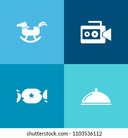 Modern, simple vector icon set on colorful background with stick, camcorder, play, video, horse, dish, striped, rubber, food, sweet, colorful, candy, sugar, equipment, professional, rocking, toy icons
