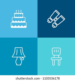 Modern, simple vector icon set on colorful background with interior, light, sugar, discovery, seat, optical, search, white, tasty, furniture, pie, glasses, view, chair, home, see, cream, food icons