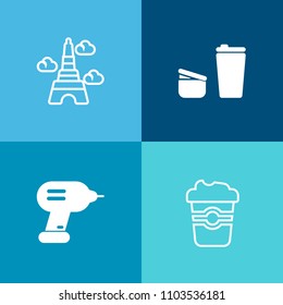 Modern, simple vector icon set on colorful background with travel, eiffel, architecture, europe, work, food, beverage, repair, brown, equipment, french, coffee, tower, city, urban, landmark, cup icons