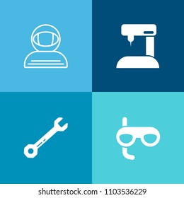 Modern, simple vector icon set on colorful background with industry, tailor, spaceman, astronaut, sewing, cosmic, spanner, scuba, repair, retro, spacesuit, cosmos, summer, mask, wrench, sport icons