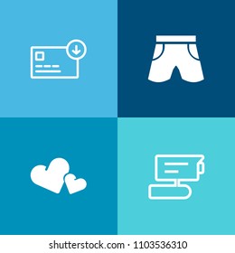 Modern, simple vector icon set on colorful background with shirt, short, investment, white, bag, uniform, dollar, tv, clothing, banking, shorts, fashion, spy, camera, heart, surveillance, sack icons